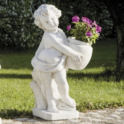 Putto Angelico sx con fioriera in pietra ricostituita  H 71