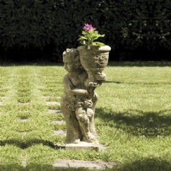 Putto con vaso sx in pietra ricostituita finitura corrosa cm 20x20 H 62 H 71