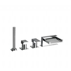 Miscelatore bordo vasca 4 fori, con bocca a cascata e kit doccia Open Space