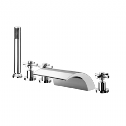 Batteria bordo vasca cinque fori con bocca a cascata e kit doccia Yuppy