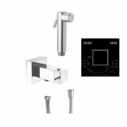 Miscelatore minimal quadro, con presa acqua, supporto doccia con chiusura di sicurezza in ottone e doccetta tonda in ottone per bidet